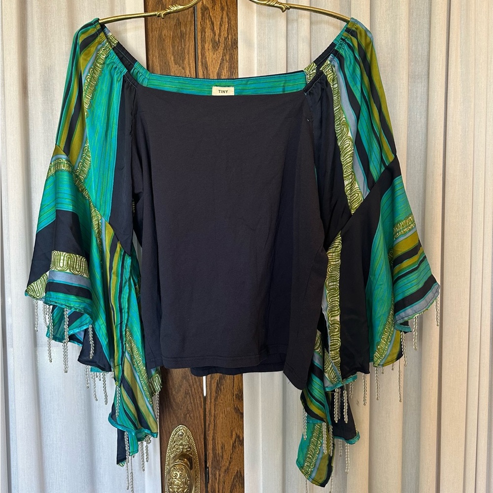 Anthropologie TINY Blue Green Beaded Bell Sleeve Top - Picture 14 of 15
